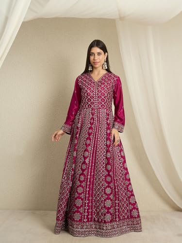 Miss Ethnik Women's Maroon Chinon Stitched Gown With Dupatta Full Sleeve Embroidered A-Line Gown (MEY-1236-Maroon-3XL)