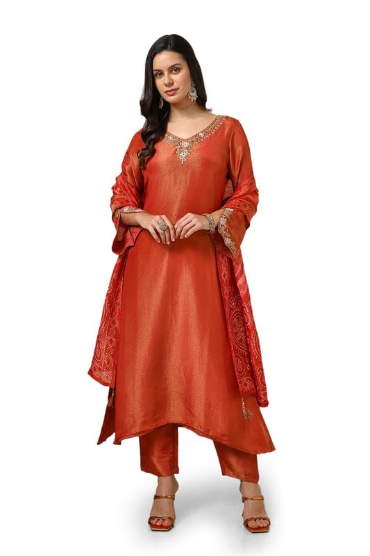 Soch Womens Rust Tissue Embroidered Suit Set With Beads And Stones