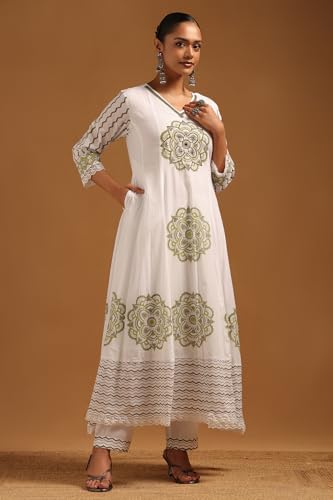 Soch Womens Off White Cotton Ethnic Motifs Suit Set With Beads