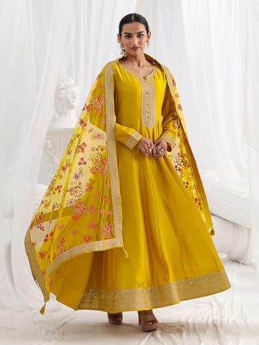 Libas Embroidered Silk Blend A Line Ethnic Dress with Dupatta | Occasion Gown Mustard