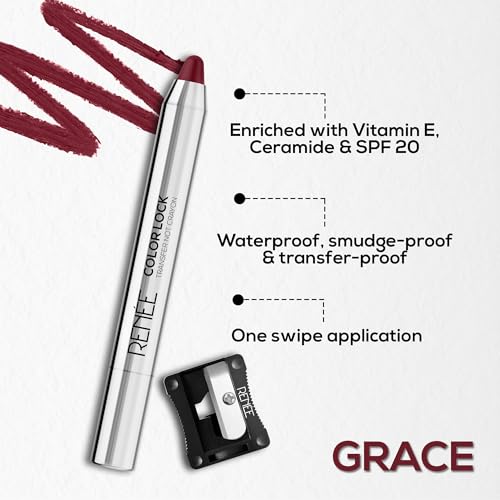 RENEE Colorlock Transfer Not Lip Crayon with Sharpener, SPF 20, Waterproof, Smudgeproof, Lightweight & Long Lasting, Intense Color Payoff with Ultra Matte Finish, Enriched with Vitamin E, Grace 3gm