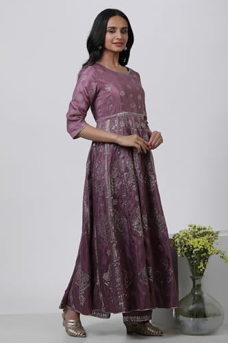 W for Woman Purple Festive Geometric Print Shantung Flared Kurta Set with Parallel Pant_22AUWS18293-119280_XS