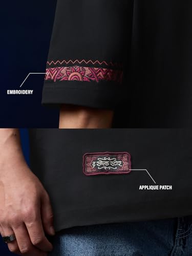 The Souled Store Captain America: Indie Shield Men and Boys Short Sleeves Round Neck Black Embroidered Casual Lightweight Drop Shoulder Streetwear Trendy Oversized T-Shirt