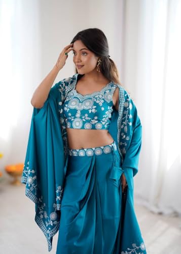 MARUTI FASHION HOUSE Lehenga Choli Indo-Western Draped Saree Set For Womens And Girls Ready To Wear Hevay Crep Silk Fabric With Work Multi Thread Embroidery Coding Sequence Light teal