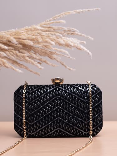 Artklim Black Based Sequins Embroidery Fabric Clutch Bag For Women With Detachable Chain