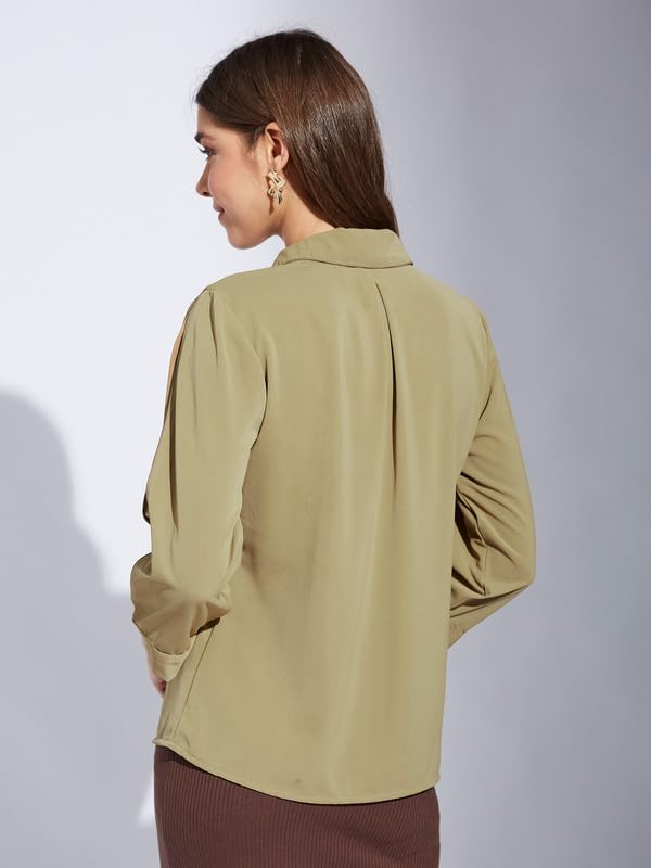 Latin Quarters Women Beige V-Neck 3/4th Sleeve Solid Top Blouse_M