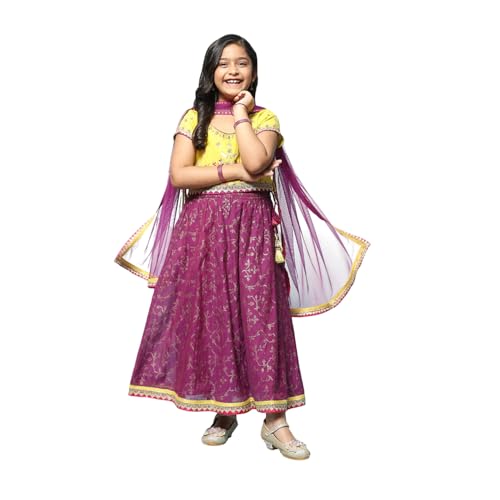 BIBA Girl Solid Cotton Blend Readymade Lehenga Choli Set(Kw5379_Yellow Purple_9)