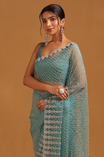 Soch Womens Turquoise Blue Organza Embellished Saree With Stone Work