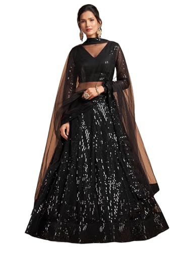 Zeel Clothing Women's Black Soft Net Sequins Embroidered Semi-Stitched New Lehenga Choli with Dupatta (7308-Black-Wedding-Girlish-Latest-Lehenga-Choli; Free Size)