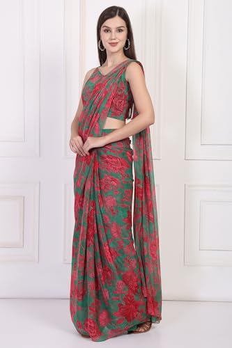W for Woman Green Floral Printed Pre-Draped Georgette Saree with Blouse - (WS13897-127595-S)