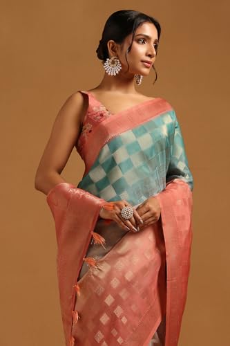 Soch Womens Light Pink Tussar Checked Saree With Zari Work