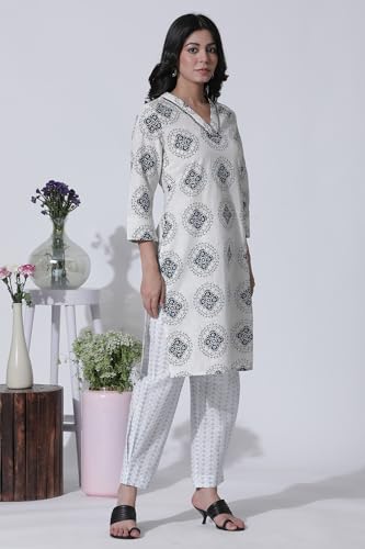 W for Woman White Geometric Printed V-neck Cotton Kurta, Salwar with Dupatta Set_24ONWS10600-123025_XL