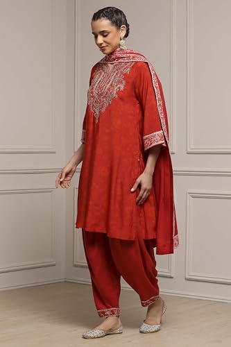 Biba Women Burnt Orange Viscose Blend Straight Printed Suit Set_42
