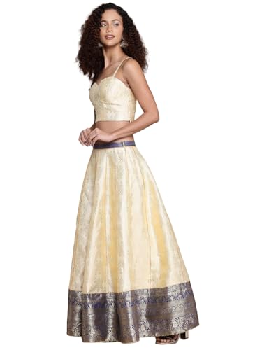 Aarke Ritu Kumar Beige Brocade Sweetheart Neck Blouse With Lehanga And Dupatta