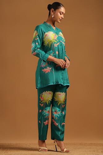 Soch Womens Teal Green Muslin Botanical Kurta Set With Hand Embroidery and Bead Details