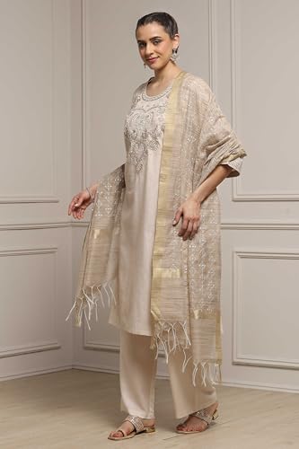 Biba Women Beige Polyester Blend Straight Dyed Suit Set_42