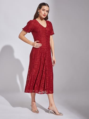 Latin Quarters Women Maroon Half Sleeves Casual Solid Dress_S