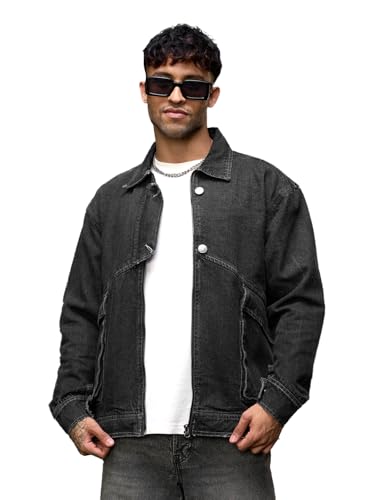 The Souled Store Denim Jacket: Midnight Men and Boys Full Sleeves Spread Collar Black Solid Cotton Spandex Regular Fit Lightweight Everyday Denim Jacket