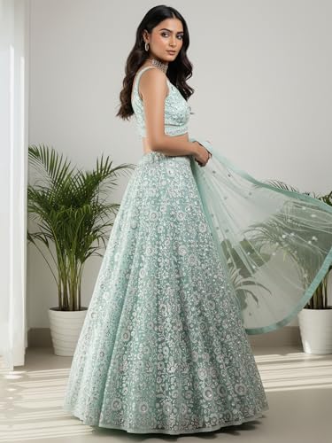 Zeel Clothing Women's Sequins Embroidered Soft Net Designer Lehenga Choli with Dupatta (5126-Blue-Womens-New-Lehenga-Choli; Free Size) (Blue)