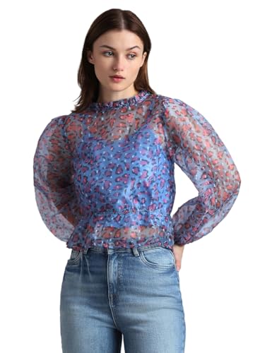 ONLY Women Printed Cotton Blue Peplum Top