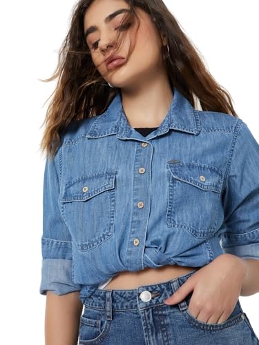 Max Women Washed Regular Fit Denim Shirt (Blue_S)