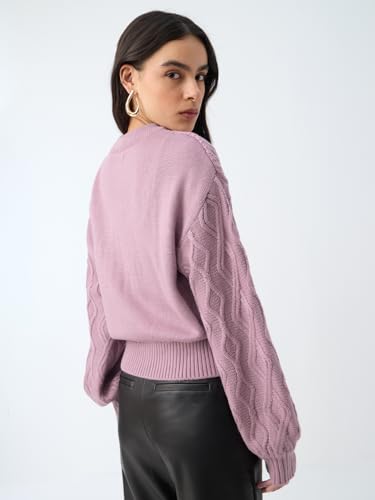 The Souled Store Cable-Knit Sweater: Dusky Rose Women and Girls Full Sleeves Round Neck Knitted Acrylic Lightweight Casual Oversized Sweater