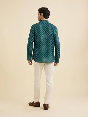Manyavar Men's Cotton Blend Digital Print Short Kurta (Teal Green,XXL)