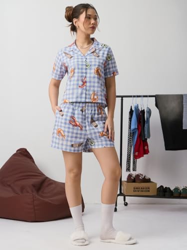 The Souled Store Let's Chill Women and Girls Short Sleeves Lapel Collar Light Blue and White Graphic Printed Cotton Regular Fit Lightweight Everyday Shirt
