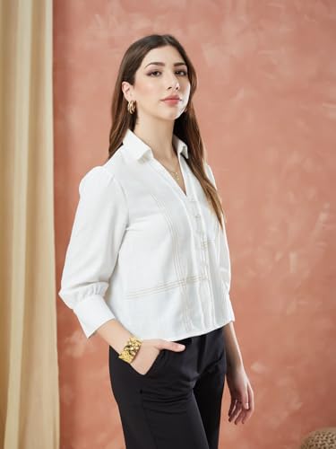 Latin Quarters Women's Ivory 3/4Th Sleeves Solid Collar Neck Formal Shirt_M