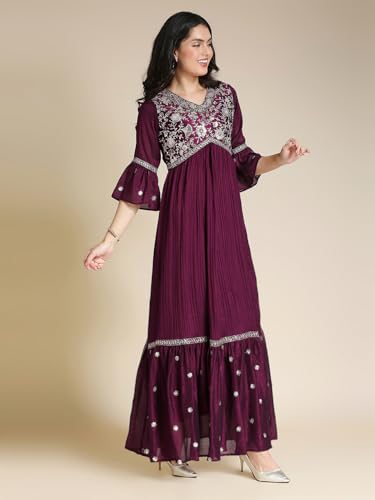 Madhuram Women's Vichitra Silk Crus Traditional Ethnic Long Gown with Sequence Embroidery Work Long Kurta(M-2445) (in, Alpha, XL, Regular, Maroon)