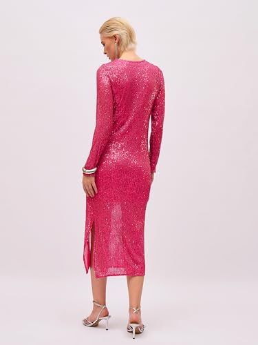 Sassafras Women Fuchsia Sequin Round Neck Side Slit Midi Dress L