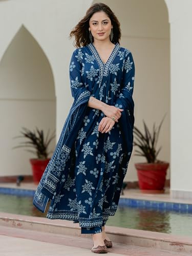 Arayna Women’s Pure Cotton Handblock Ethnic Printed Kurta Set with Pants & Dupatta - Indigo Blue, Small