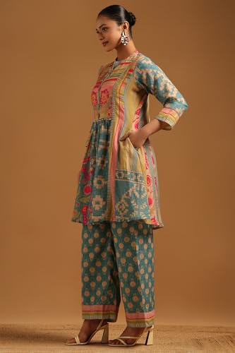 Soch Womens Turquoise Blue Chanderi Botanical Printed Co-Ords Set With Beads