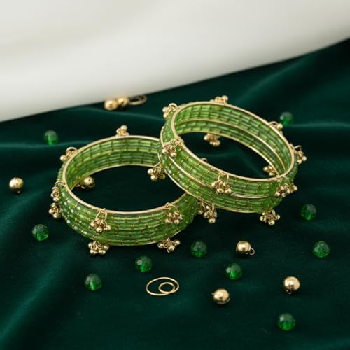 KAYASHA Totai Kashmiri Ghungroo Glass Bangle Set for Women | Light Weight Bangles | Traditional Transparent Fancy Glass Chudi Set for Wedding, Party|Set Of 16(12 Glass + 4 ghungroo bangles)