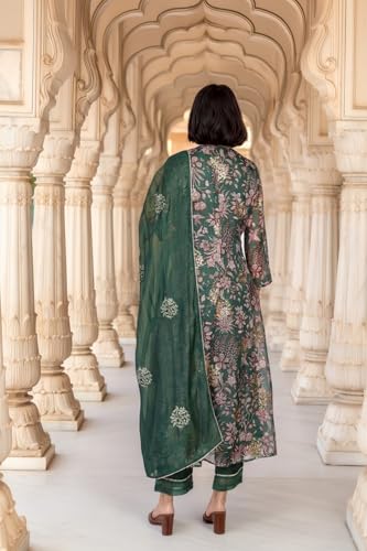 W for Woman Floral Printed Metallic Embroidered Flared Kota Doria Kurta with Pant and Dupatta Set - Green (WS13278-126619-L)