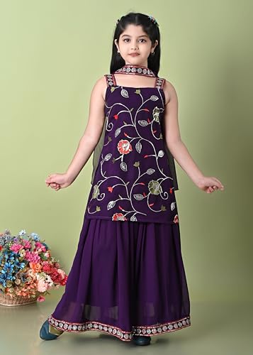 SPAMitude - Georgette Embroidery Sequin Kurta, Skirt and Dupatta Set for Girls – Ethnic Party Dress I Birthday Trendy Classic Outfit I Square Neck Sleeveless (PURPLE, 12-13 YEARS)
