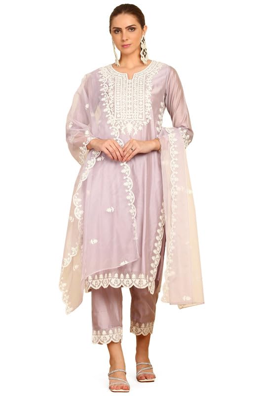 Soch Womens Purple Floral Embroidery Chanderi Suit Set