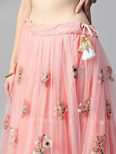 Divine Exim Women's Net Semi Stitched Lehenga Choli with Dupatta | Real Mirror with Embroidery Pattern | Traditional, Wedding, Ethnic Wear Lehenga (Pink)