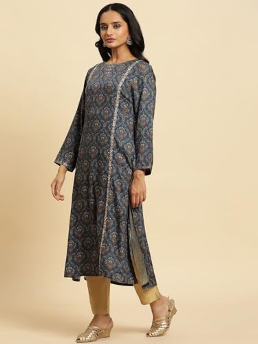 W for Woman Black Paisley Printed Kurta with Kasab Embroidery (Size: 3XL)-24NOW10355-122961