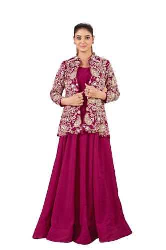 Miss Ethnik Women's Maroon Vichitra Silk Stitched Gown with Jacket Full Sleeve Solid A-Line Gown (ME-1322-Maroon-M)