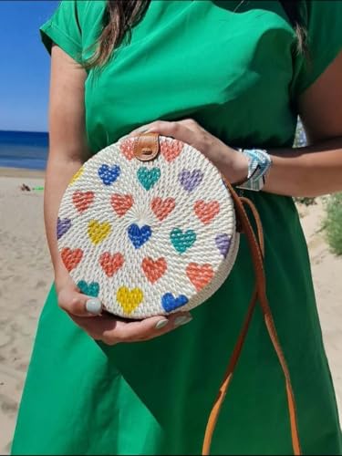 MAIRO LIFESTYLE Rattan Cane Straw Wicker Handmade Boho Summer Beach Round Sling Bag (Love Heart)