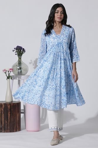 W for Woman White & Blue Printed Flared Cotton Kurta with Pants Set_24ONWS10528-123075_S