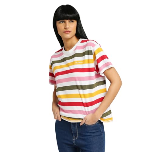 Pepe Jeans Women's Striped Relaxed Fit T-Shirt (PL505908_RED_Multi