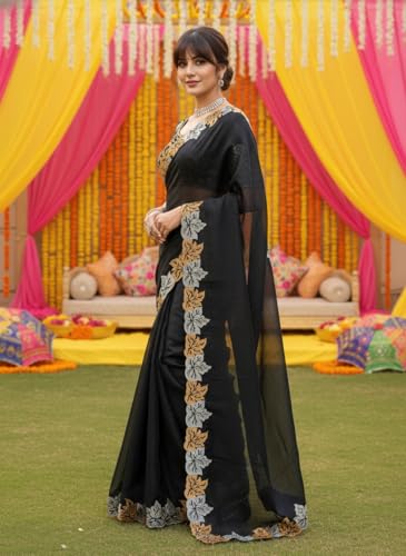 Glory Sarees Women’s Satin Chiffon Embroidery Work Saree With Blouse Piece (JR644_Black)