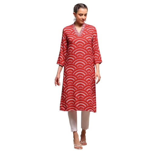 Biba Women Red Viscose Rayon Straight Kurta_38