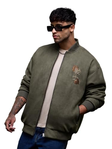 The Souled Store Dragon Men and Boys Full Sleeves Mock Collar Olive Green Embroidered Polyester Oversized Fit Lightweight Winter Streetwear Bomber Jacket