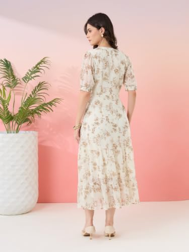 Latin Quarters Women's Off White Printed V-Neck Half Sleeves Casual Fit & Flare Dress_M