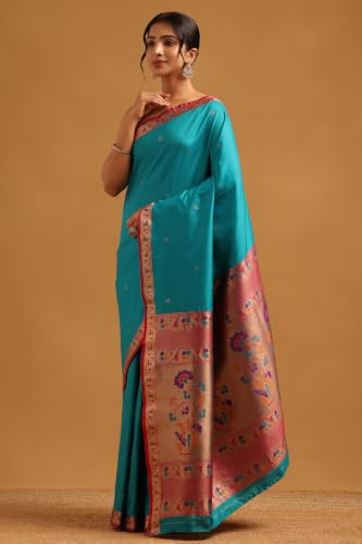 Soch Womens Turquoise Blue Silk Blend Ethnic Motifs Zari Woven Saree