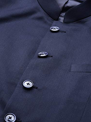 MANQ Men Navy Blue Solid Slim Fit Bandhgala Suit (Size:40)