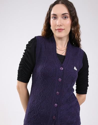 Monte Carlo Women's Regular Fit Self Design V Neck Sleeveless Cardigan| Warm Woolen Buttoned Sweater for Ladies | Stylish Knitted Cardigan for Women's Purple M